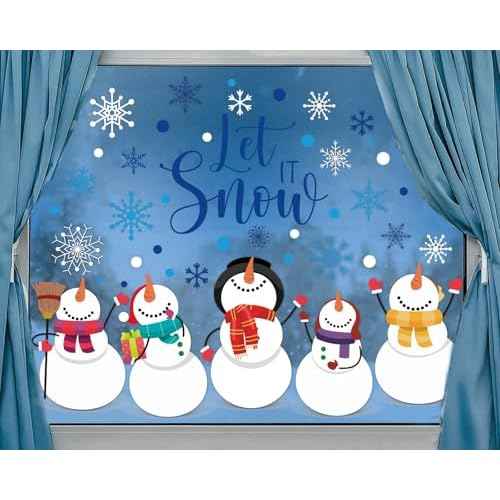 9 Sheet Winter Window Clings Colorful Snowman Christmas Snowflake Christmas Reusable Window Decals for Xmas Holiday Party Home School Office Decor