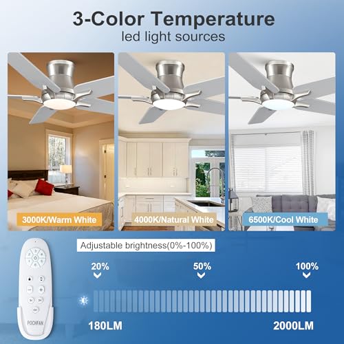 POCHFAN 52 Inch Brushed Nickel Ceiling Fan with Lights and Remote - Low Profile, Dimmable, Noiseless for Bedroom & Living Room