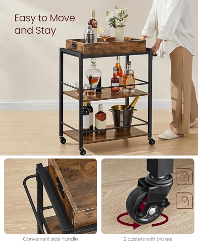 VASAGLE Rustic Brown and Black Bar Cart with Wheels, Wine Rack & Glass Holder - 15.7"D x 28.3"W x 33.9"H