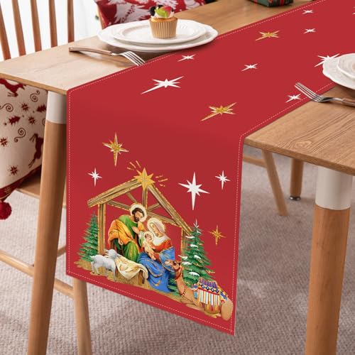 Bonhause 13x72 Inch Jesus Nativity Table Runner, Red Christmas Indoor/Outdoor Decor