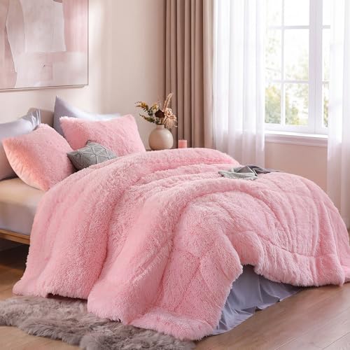 Pink Faux Fur King Size Comforter Set - 3 Pieces, Soft & Fluffy Bedding