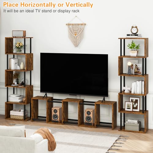 6-Tier S-Shaped Geometric Bookcase - Rustic Brown Tall Bookshelf with Storage