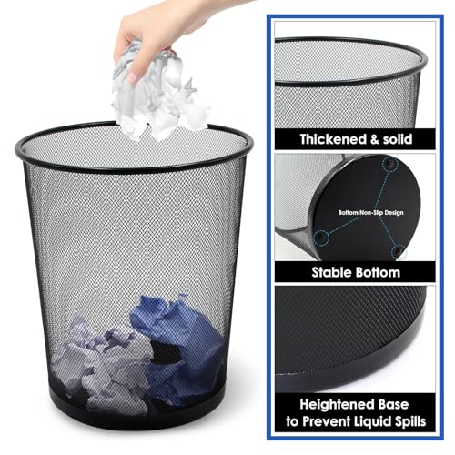 Black Mesh Office Trash Can 6 Gal - 10 Pack with Garbage Bags - Durable Wire Wastebaskets for Desk Side