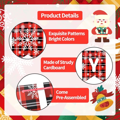 Merry Christmas Banner Decorations, Pre-Strung Red Black Buffalo