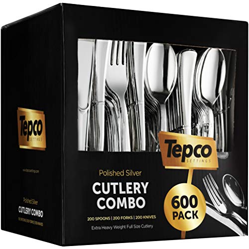 Tepco Settings Disposable Silver Plastic Cutlery Set - 600 Pieces, Regular