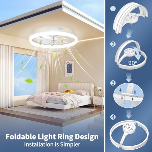 CHAREADA 20-Inch White Ceiling Fan with Light, Remote & App Control, Low Profile Foldable Design