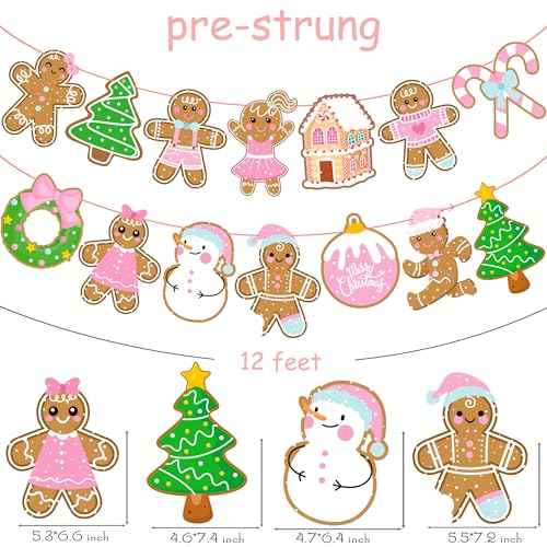 2PCS Gingerbread Party Banners Christmas Gingerbread Man Decorations Pink Gingerbread Party Cutout Banners for Winter Christmas Holiday Party Supplies