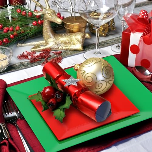 Maxcheck Christmas Disposable Square Plates Set 80 pcs, Red & Green Holiday Dinnerware