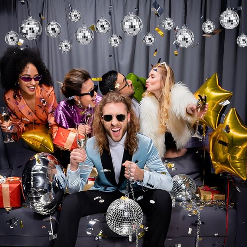 JOERSH 20 Pcs Disco Ball Decorations, Silver Hanging Mirror Disco Ball Ornaments with Rope for 70s Disco Theme Party Wedding Dance Music Prom Props, 4 Sizes