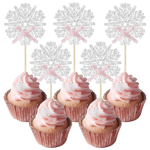 Pink Snowflake Cupcake Toppers 24Pcs Glitter Snowflake Cake Decorations Baby Shower Gender Reveal Winter Christmas Ephlyn
