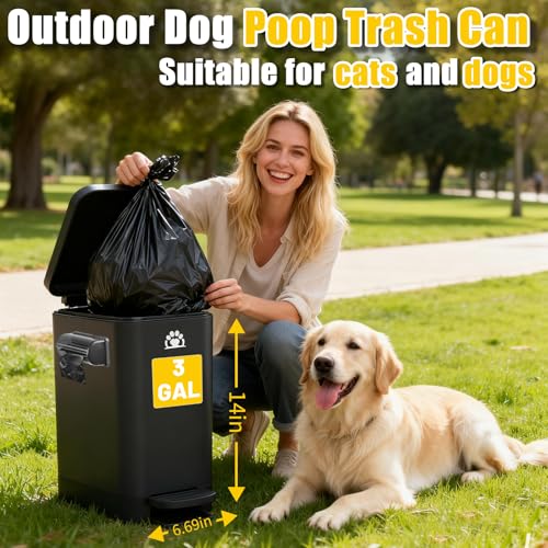 Outdoor Dog Poop Trash Can with Lid - 3 Gal Metal Waste Bin & Scooper - Black