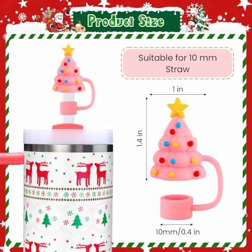 8 Pcs Christmas Straw Toppers for Stanley Cups, 3D Santa Claus Xmas Tree Straw Cover Caps Decoration for 30&40 oz Tumblers with DIA 10 mm Straws (Pink)