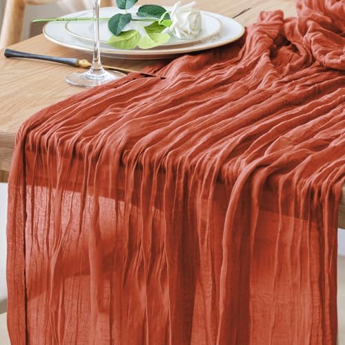 Fall Table Runner Cheesecloth 10FT Terracotta Boho Burnt Orange Gauze Cheese Cloth Rustic Sheer Table Runners for Wedding Bridal Baby Shower Party Decoration