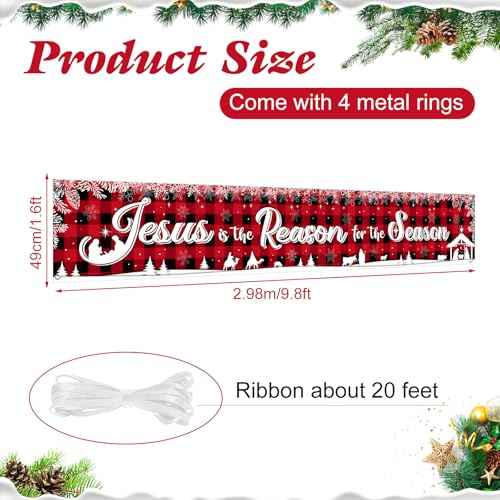 Tiamon Holy Nativity Christmas Banner Manger Scene Religious Jesus Is the Reason for the Season Red Buffalo Plaid Hanging Banner for Xmas Winter Holiday Outdoor Indoor Decoration