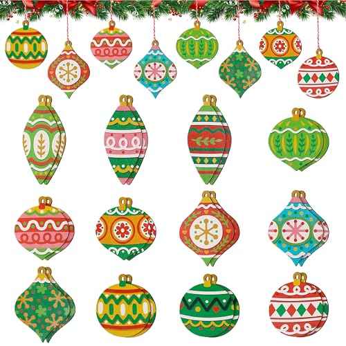 24 PCS Wooden Christmas Ornaments, 12 Styles Printed Christmas Tree Hanging Ornaments with Strings, Holiday Party Favors, Gift Tags, Stocking Stuffers, Christmas Home Decor