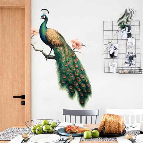 Green Peacock Peach Blossom Painted Wall Stickers, sacinora Beautiful Art Wall Decals Removable Vinyl Peel and Stick for Living Room Bedroom Door Backgrounds Home Decorations