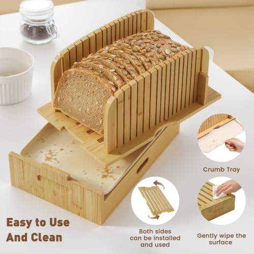 Bamboo Bread Slicer with Adjustable Width Guides - Compact Loaf Cutter for Perfect Home Baked Bread