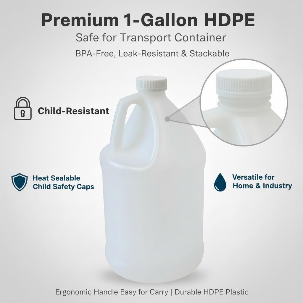 1-Gallon HDPE Plastic Jugs, Water Jug With Child-Safe Lids–BPA-Free,Leakproof, Stackable Containers,1 Gallon Water Bottle For Fermentation,Brewing,Storage,Detergent Mixing & Industrial Use (1-Pack)