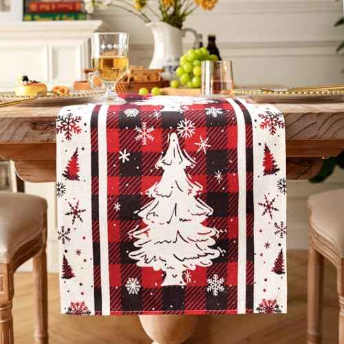 Buffalo Plaid Christmas Tree Christmas Table Runner, Red Winter Holiday Kitchen Dining Christmas Table Decoration for Indoor Outdoor Home Party Decor 13x72 Inch (Christmas Tree)
