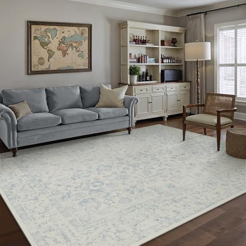 Blue 6x9 Washable Non-Slip Vintage Area Rug for Living Room - Low Pile
