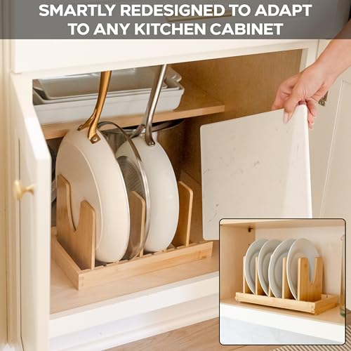 Expandable Bamboo Pot Lid Organizer with Magnetic Lock for Kitchen Cabinets