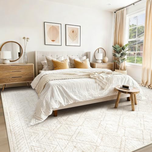 TENGTENGLINK Beige 8x10 Washable Geometric Area Rug - Non-Slip Indoor Carpet for Living Room & Bedroom
