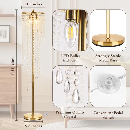 Modern Gold Floor Lamp with Crystal Shade - Tall Corner Lighting, 63 Inch