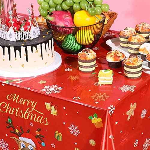 Irenare Christmas Tablecloth Plastic Reindeer Tablecloth Elk Merry Christmas Table Cover for Xmas Dinner Winter Holiday Party Decoration and Supplies, 54 x 108 Inch(3 Pieces)