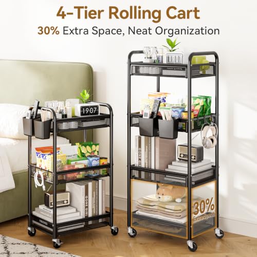 YASONIC 4-Tier Rolling Storage Cart with Wheels - Black Metal Utility Cart