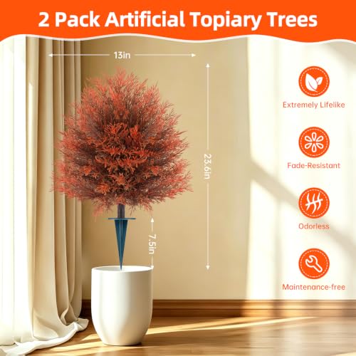 Grooy Fall Cedar Topiary Trees 2 Pack - 24 Inch Artificial Seasonal Trees with Ground Spikes
