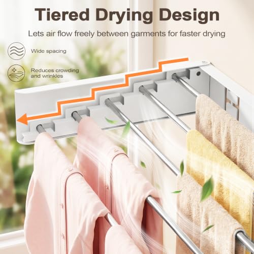 Wall Mounted Foldable Clothes Drying Rack White 32 Inch - Space Saving Laundry Storage with 5 Rods - Collapsible & Invisible Design