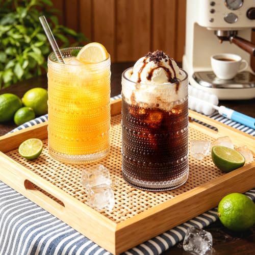 16oz Vintage Hobnail Drinking Glasses Set of 12 with Reusable Glass Straws