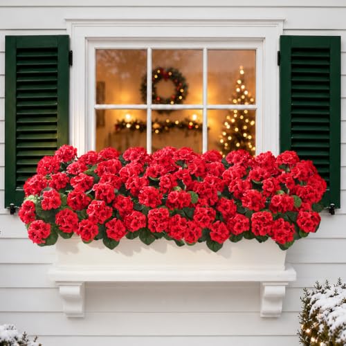 Yastouay 24 Pack Red Artificial Geranium Flowers for Outdoor & Indoor Decor