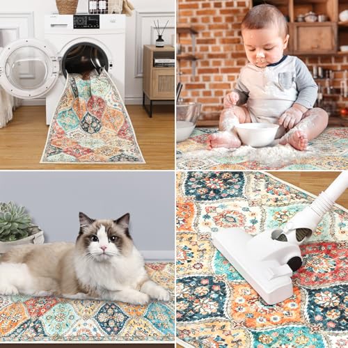 8x10 Cream Moroccan Trellis Washable Area Rug - Vintage Pattern, Non-Slip, Pet Friendly