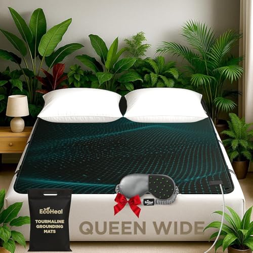 ECOHEAL Queen Wide Tourmaline Grounding Mat for Bed 59”x54” with Sleep Mask & 15ft Cord