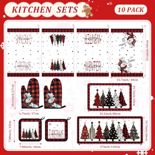 ZYQEXA 10-Piece Christmas Kitchen Decor Set with Snowman Oven Mitts & Tree Pot Holders - Red & Black Variant