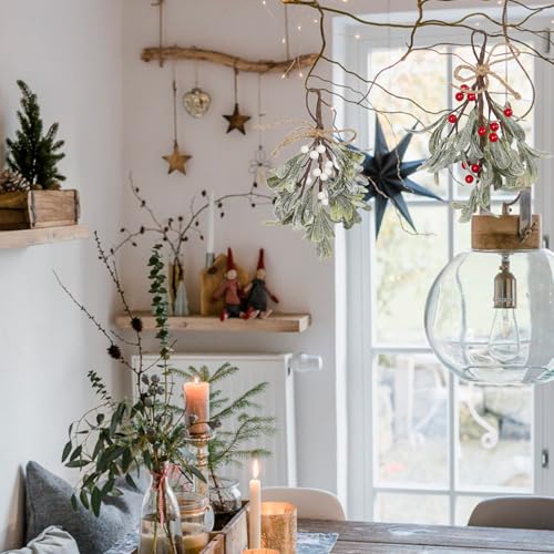 Dahi 2Pcs Christmas Artificial Mistletoe Ornament with Berries White/Red — Hanging Mistletoe Decorations