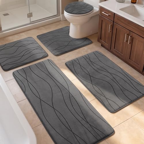 YIHOUSE 5-Piece Dark Grey Memory Foam Bathroom Rugs Set - Non-Slip, Ultra-Soft, Absorbent