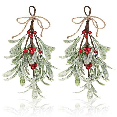 TIESOME Christmas Mistletoe Decor, 2 Pcs Artificial Mistletoe Ornament Mistletoe Hanging Decorations Glitter Christmas Tree Accessories Artificial Dry Leaf Hanging Decoration for Tree Door(Red)