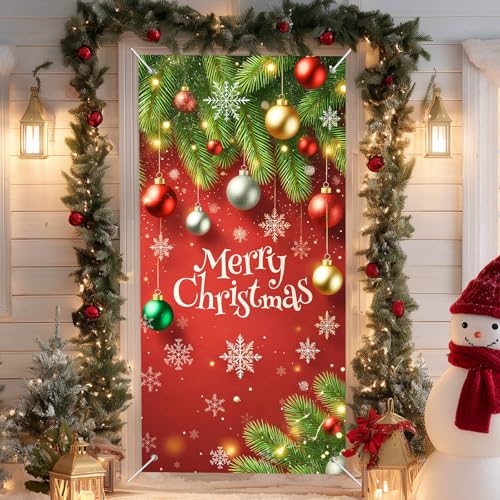 IVN Christmas Red Door Cover Banner with Ornament Branch - 71x35 Inch