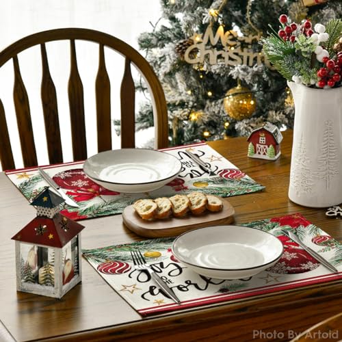 Artoid Mode Christmas Red Placemats Set of 6, 12x18 Inch Holiday Table Decor