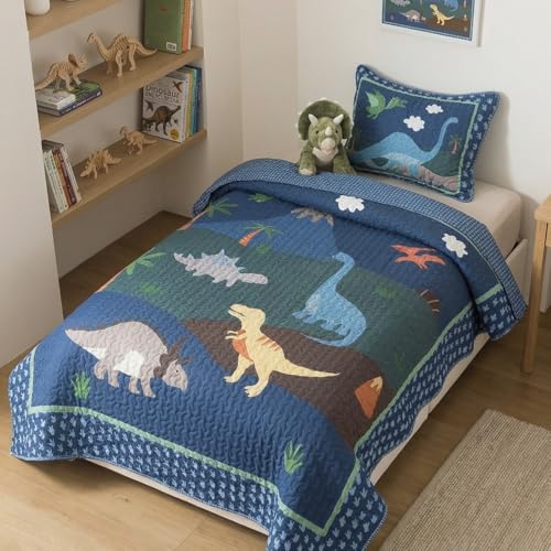 Soul & Lane Dino Delight Twin Quilt Set with Sham, Kids Dinosaur Bedding, Reversible, 68x88