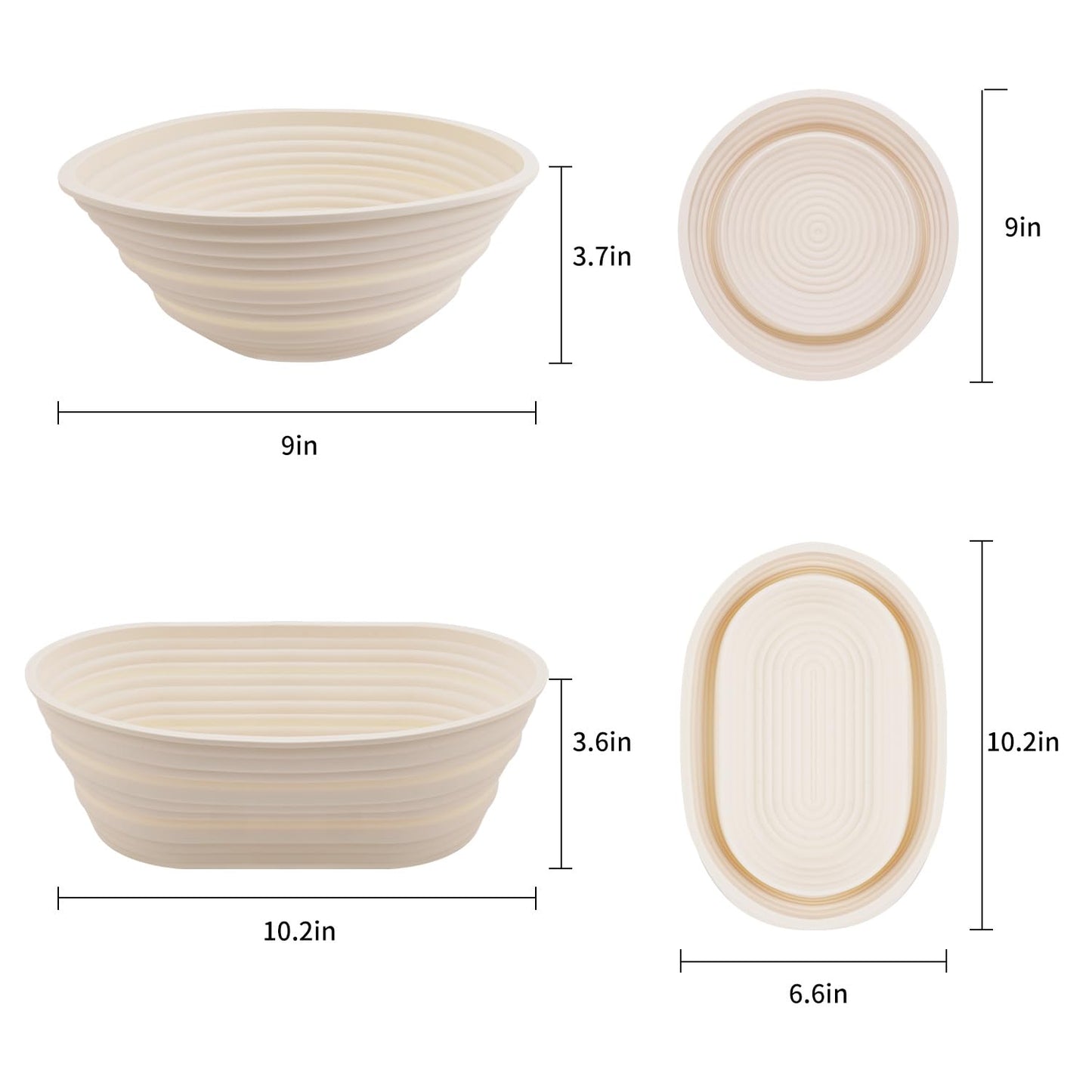 2Pcs Silicone Banneton Bread Proofing Baskets, 10" Oval & 9" Round Foldable Non-Stick Dough Proofing Bowl Containers-BPA Free, Optimum Sourdough Bread Baking Supplies(Beige)