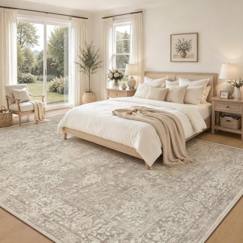 Brown 8x10 Area Rug for Living Room - Washable Floral Non-Slip Carpet
