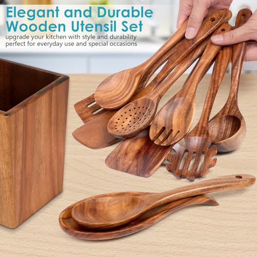 HOWHONG 11-Piece Acacia Wood Cooking Utensils Set with Spoon Rest & Holder
