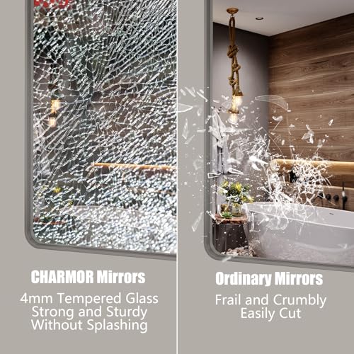 CHARMOR 28x32 Inch Silver Brushed Nickel Wall Bathroom Mirror - Vertical or Horizontal Mount, Tempered Glass