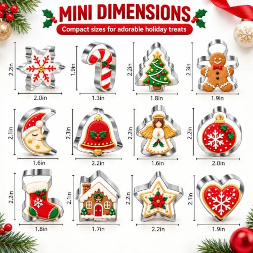 KAISHANE Style2 Mini Christmas Cookie Cutters Set - 12 Stainless Steel Shapes