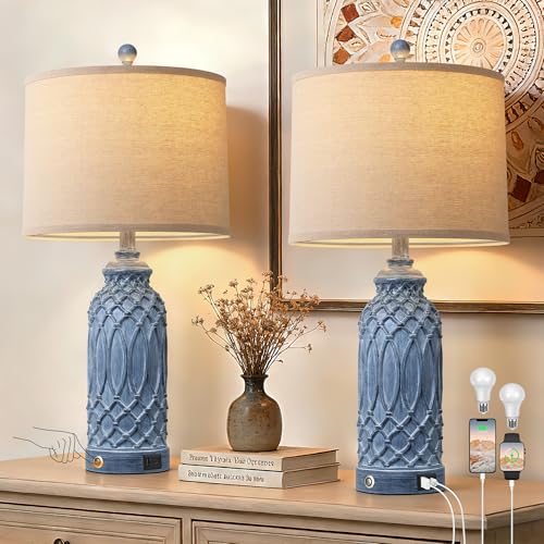 Blue Resin Table Lamp with Touch Dimming & USB Ports - 26.5''