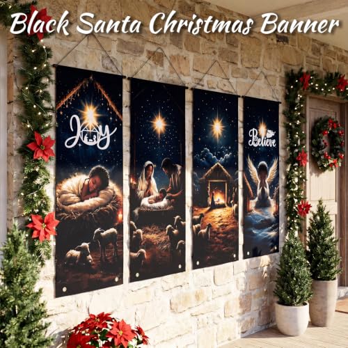 Black Santa Christmas Banner Set - African American Nativity & Holiday Decor, 4 Pieces
