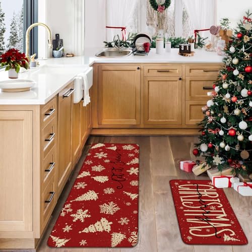 Christmas Kitchen Rugs Set of 2 17x30 & 17x47 Linen Non-Slip Mats | Merry Christmas & Let It Snow